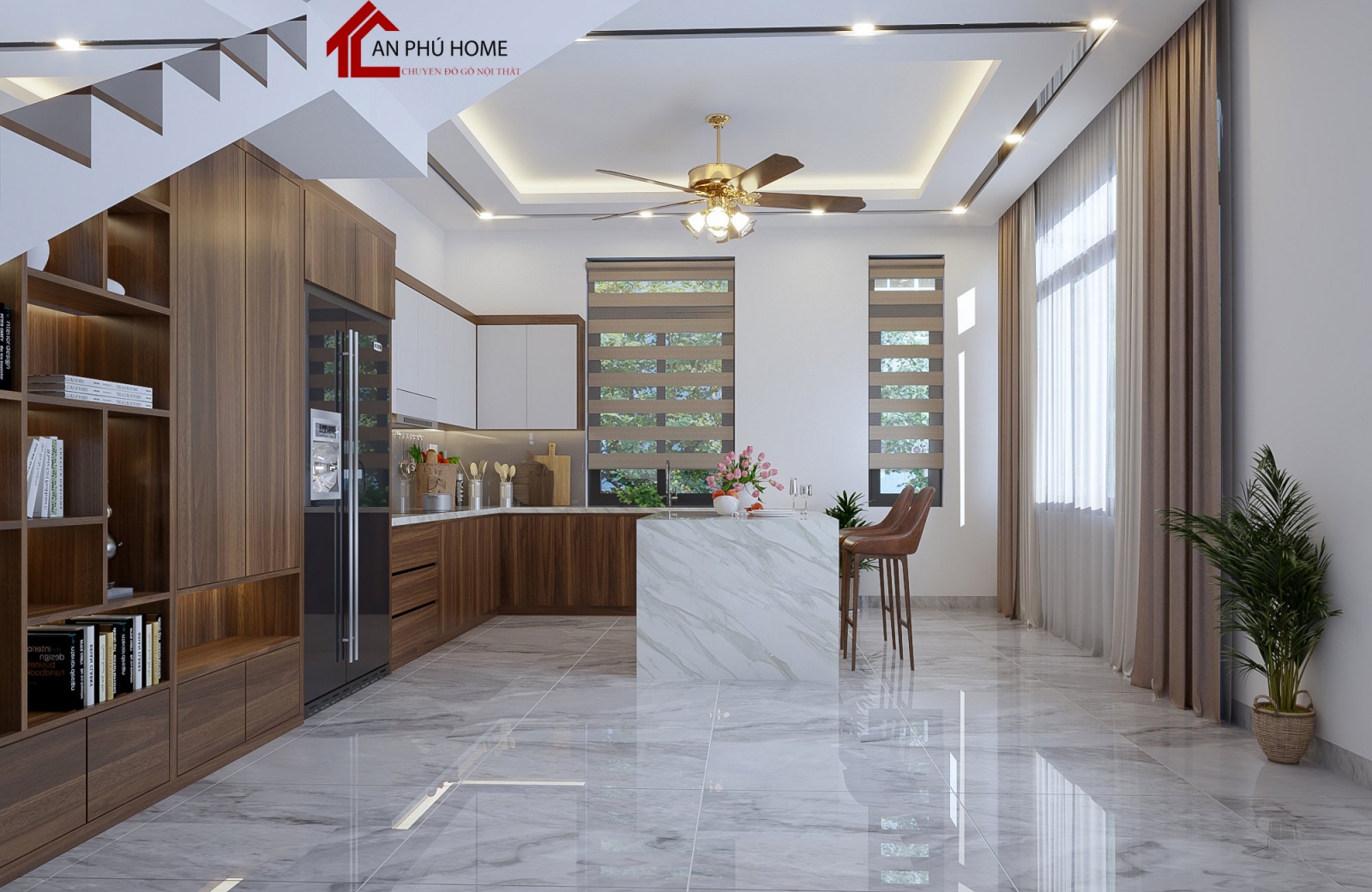 thiết kế thi công tủ bếp gỗ óc chó